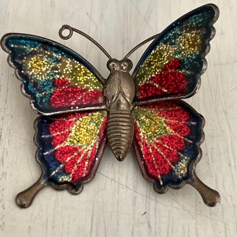 Vintage Gold Tone Metal Colorful Enamel BUTTERFLY Insect Pin Small Brooch 1 1/4"